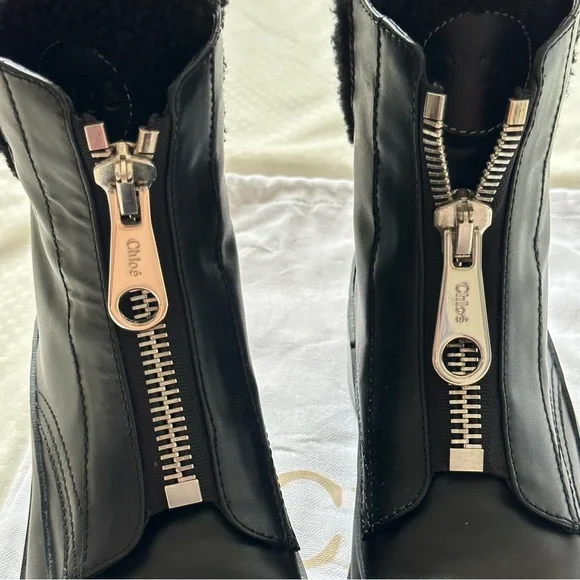 Chloe Roy Shearling-Lined Leather Black Ankle Boots Size 36.5 - Picture 8 of 14